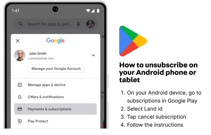 Steps for unsubscribing via Google Play Store