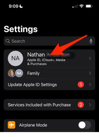 Select Apple ID at top of your Settings